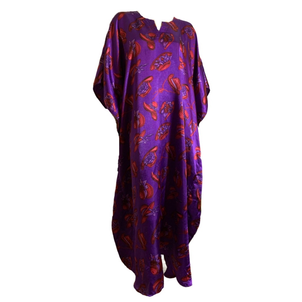 True Vintage 1990s RED HAT LADY Print Purple Caftan O/S